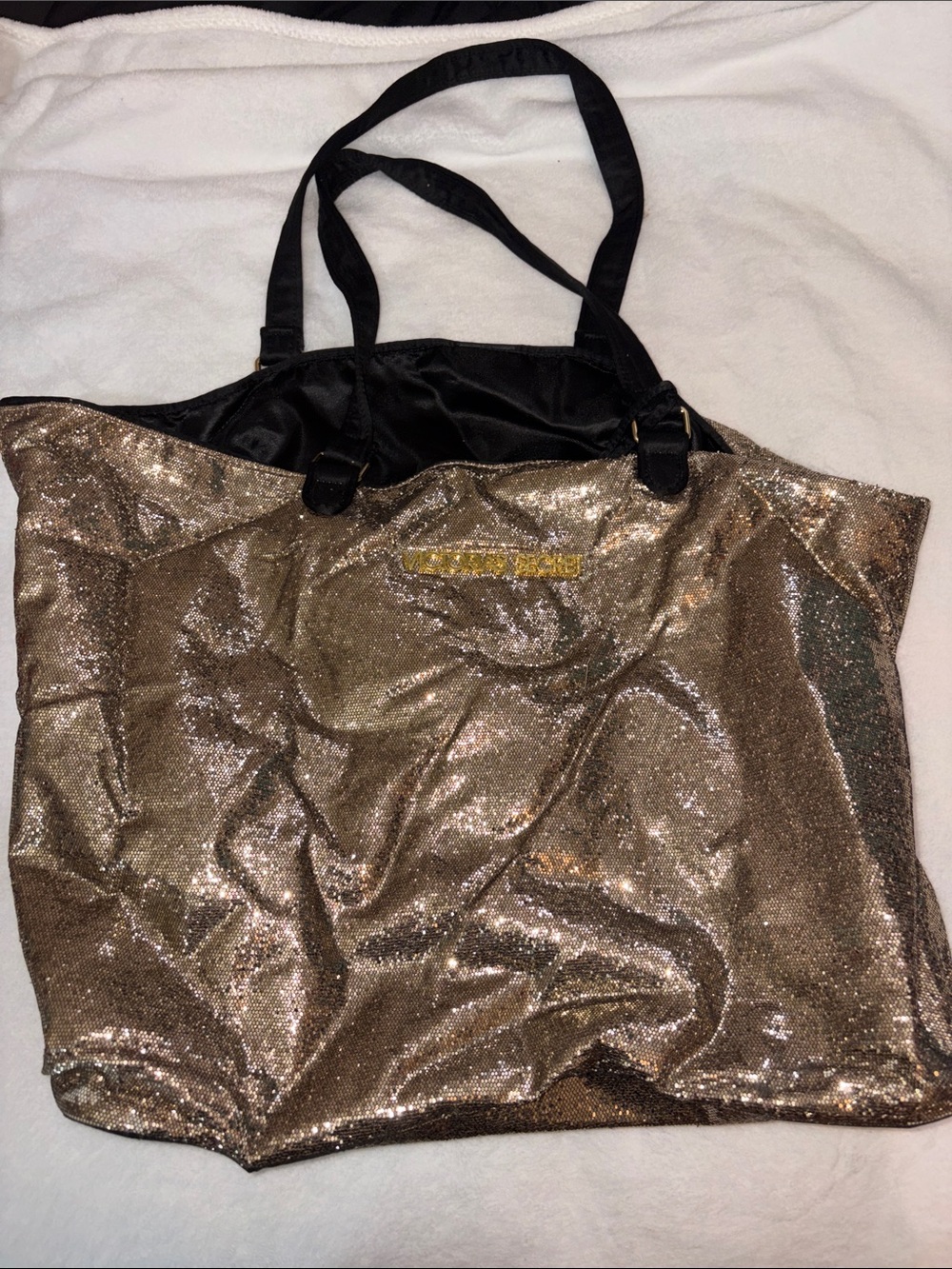 Victoria secret Sparkling Gold Tote Bag with Black Straps